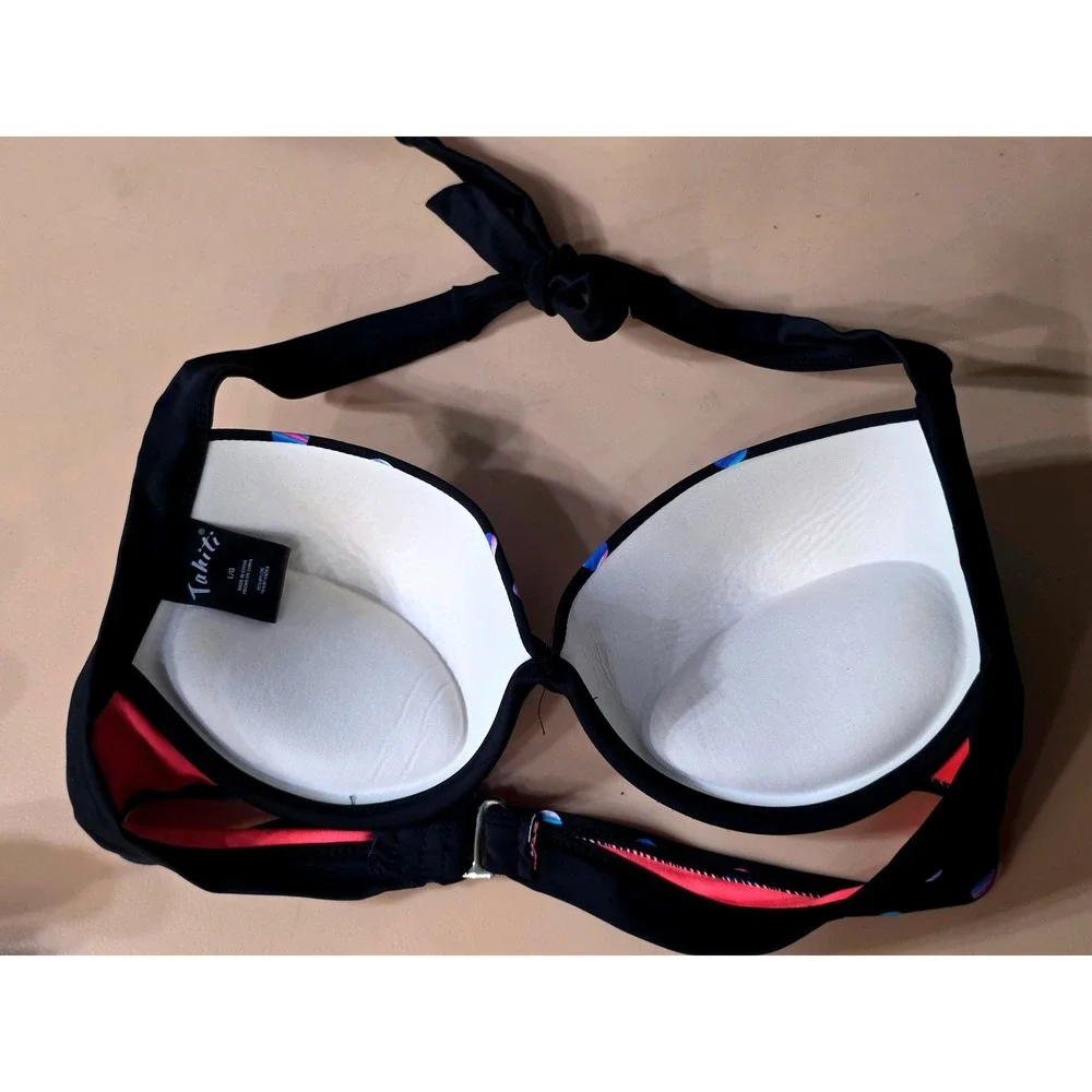 Tahiti Womens Large Black Holographic Polka Dot‎ Halter Underwire Bikini Top L